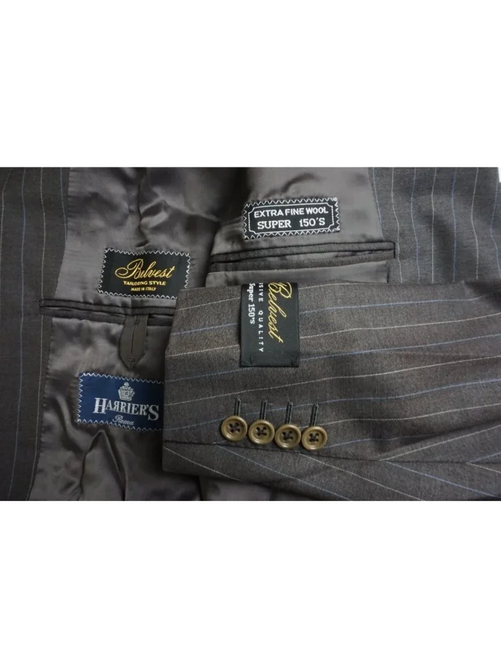 Belvest Gray Blue Beige Striped 150s Wool 2 Pc Suit Jacket Pants 46R Brand New